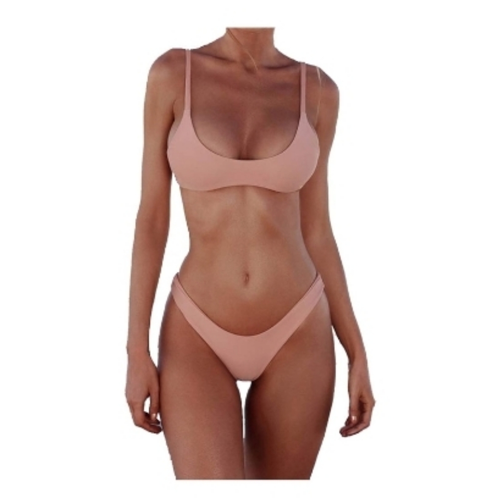 SherryDC Scoop Neck Push Up Padded Brazilian Thong Bikini Swimsuit Blush Pink M